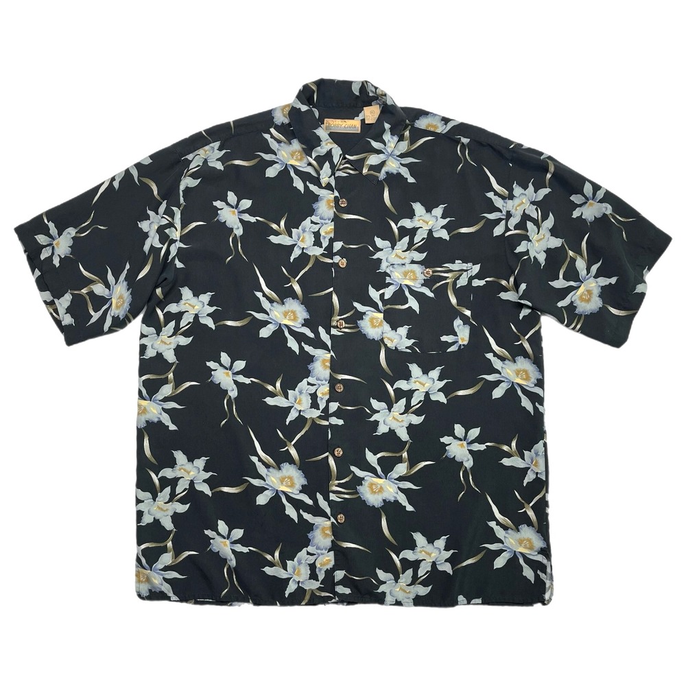 Bobby Chan 100% Silk Hawaiian Shirt Men XL‎ Black Floral Loop Collar